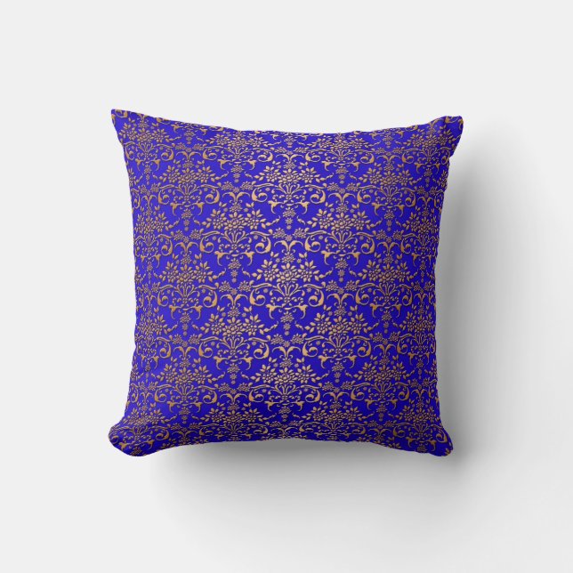 Bright Blue and Gold Fancy Damask Pattern Throw Pillow (Front)
