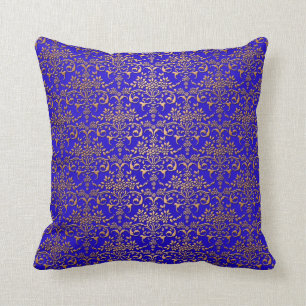 Bright Blue and Gold Fancy Damask Pattern Throw Pillow
