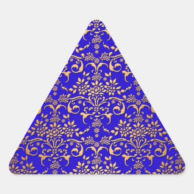 Bright Blue and Gold Fancy Damask Pattern Triangle Sticker (Front)