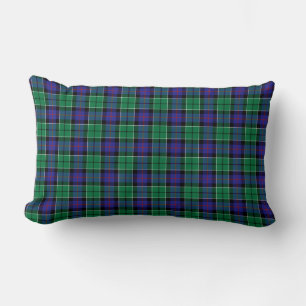 Bright Blue and Green Leslie Clan Scottish Plaid Lumbar Pillow