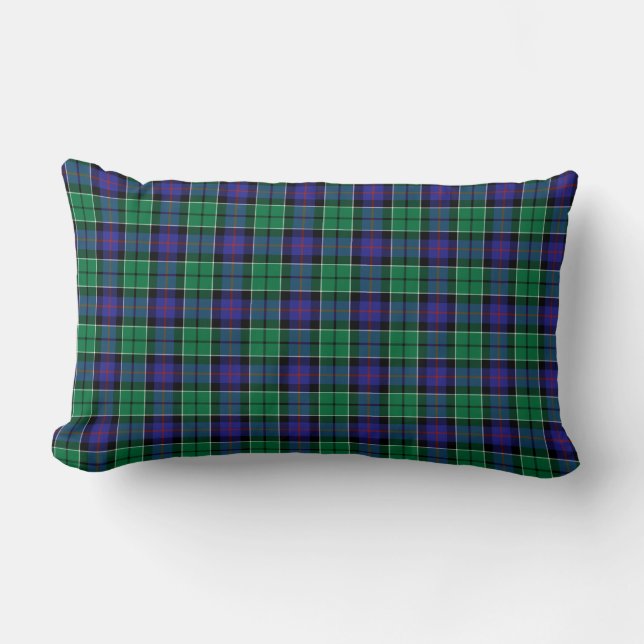 Bright Blue and Green Leslie Clan Scottish Plaid Lumbar Pillow (Front)
