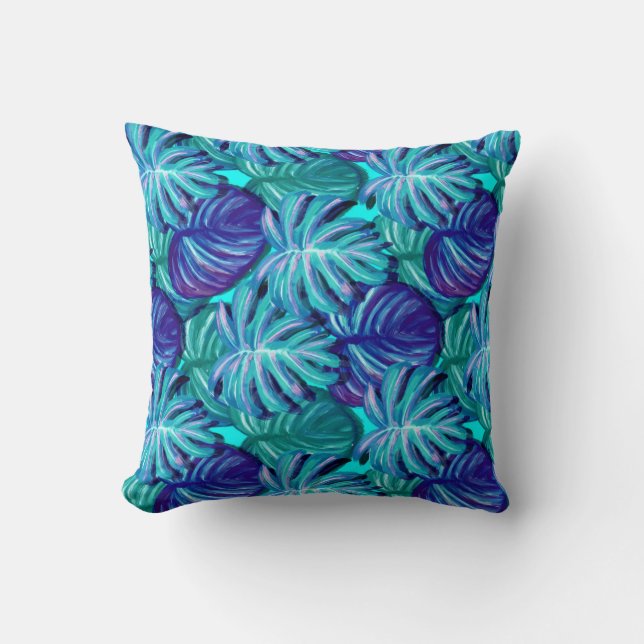 Bright Blue and Green Palm Tree Leaf Throw Pillow (Front)
