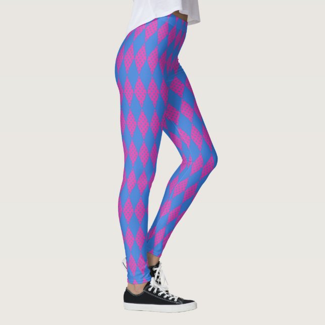 Bright Blue and Magenta Faux Patchwork Pattern Leggings (Right)