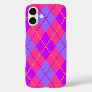 Bright Blue and Pink Argyle Pattern iPhone 16 Plus Case