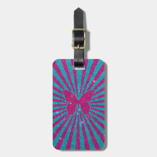 Bright Blue and Pink Glitter Butterfly and Stripe Luggage Tag