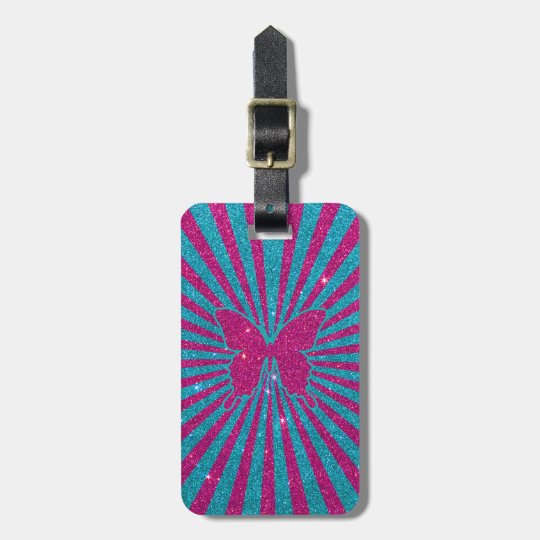 Bright Blue and Pink Glitter Butterfly and Stripe Luggage Tag