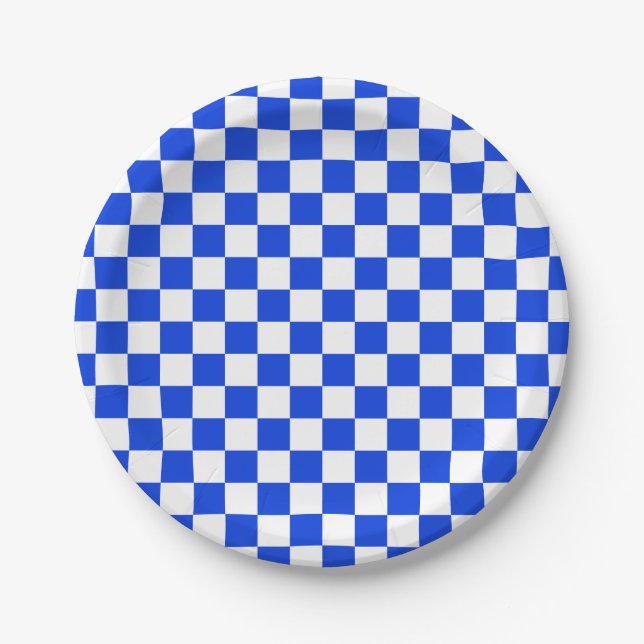 Bright Blue and White Chequerboard Check Pattern Paper Plate (Front)