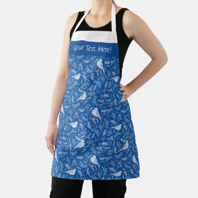 Bright Blue and Winter White Birds Floral Pattern Apron (Insitu)