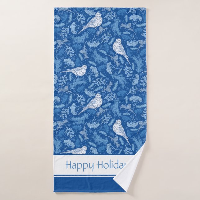Bright Blue and Winter White Birds Floral Pattern Bath Towel Set (Bath Towel)