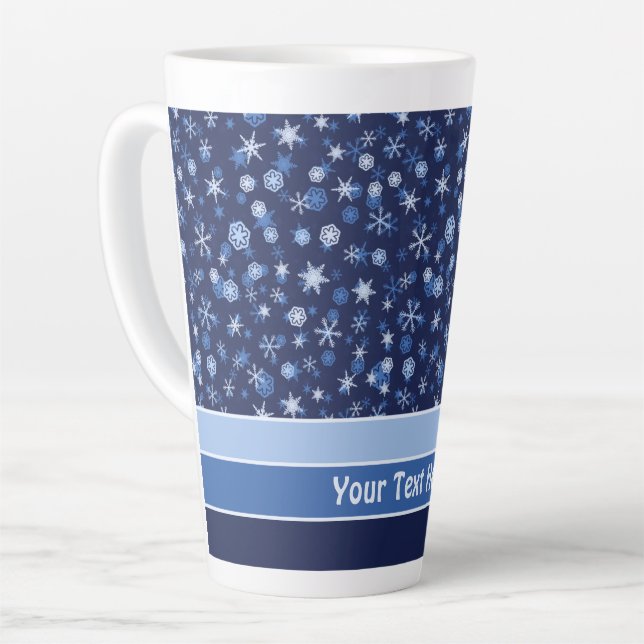 Bright Blue and Winter White Snowflake Pattern Latte Mug (Left Angle)