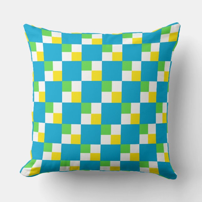 Bright Blue and Yellow Chequerboard Pattern Throw Pillow (Front)