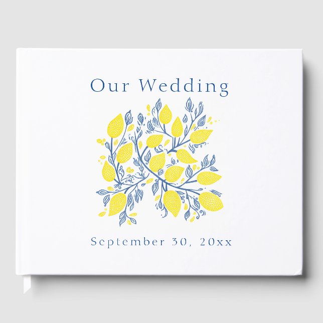 Bright blue and yellow lemon vines guest book (Front)