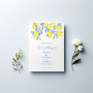 Bright blue and yellow lemon vines pretty wedding invitation