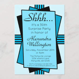 Bright Blue Art Deco Surprise Party Birthday Invitation