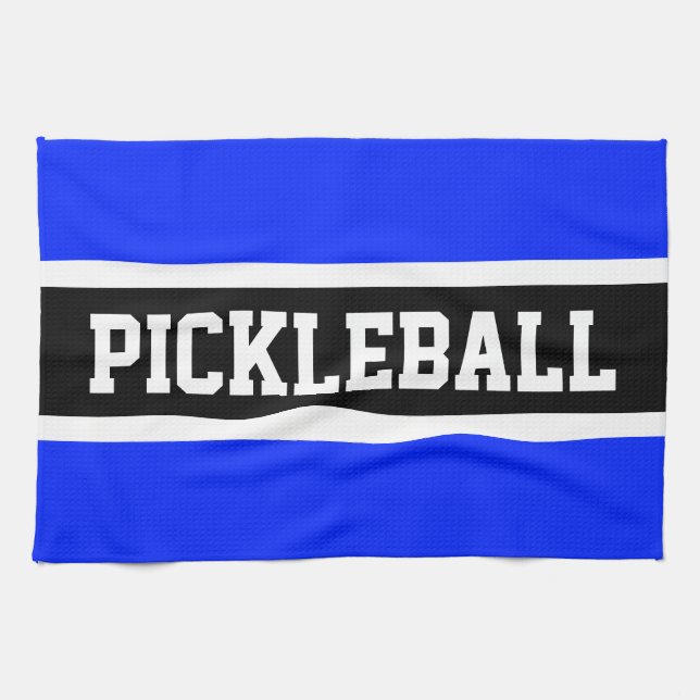 Bright Blue Black Racing Stripes PICKLEBALL Text  Kitchen Towel (Horizontal)