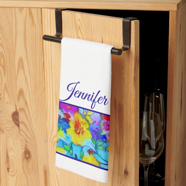 Bright blue floral personalized kitchen towel (Thirds Fold)