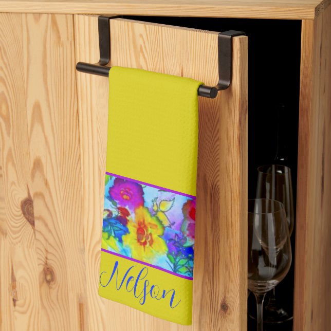 Bright blue floral personalized kitchen towel (Thirds Fold)