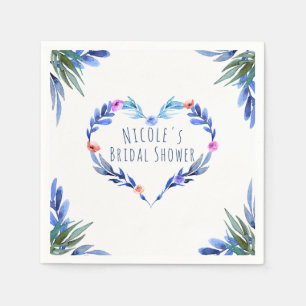 Bright Blue Floral Watercolor Heart Glam Elegant Napkin
