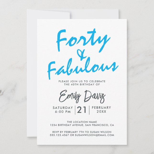 Bright Blue Forty Fabulous | 40th Birthday Party Invitation (Front)