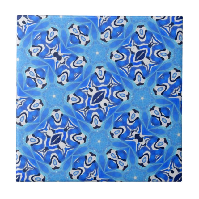 Bright blue geometric stars white  tile (Front)