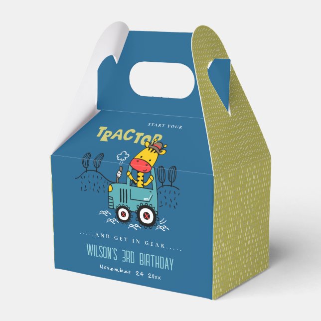 Bright Blue Giraffe In Farm Tractor Boys Birthday Favor Box (Front Side)
