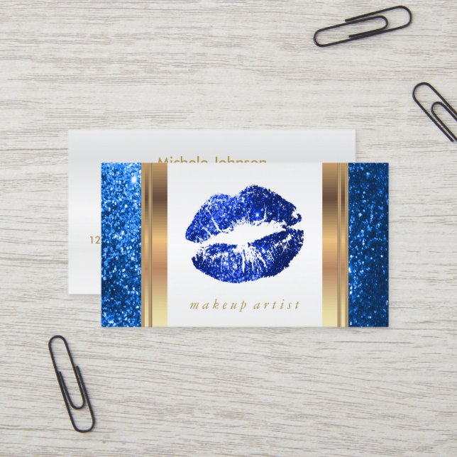 Bright Blue Glitter Lips and Elegant Gold 2 Business Card (Front/Back In Situ)