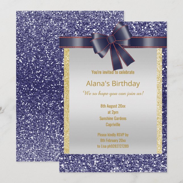 BRIGHT BLUE  GLITTER RED BLUE BOW INVITATION (Front/Back)
