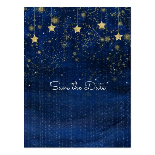 Bright Blue & Gold Starry Celestial Save the Date Postcard