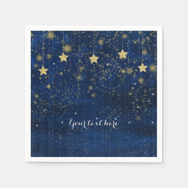 Bright Blue Gold Starry Celestial Whimsical Party Napkin (Front)