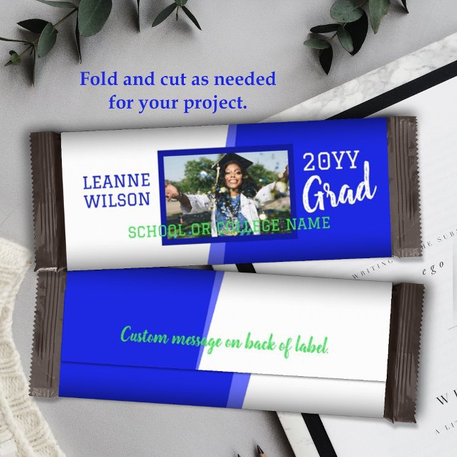 Bright Blue Graduation Custom Candy Bar Wrapper (royal blue school colors graduation personalized candy bar wrapper, diy chocolate bar label for grad)