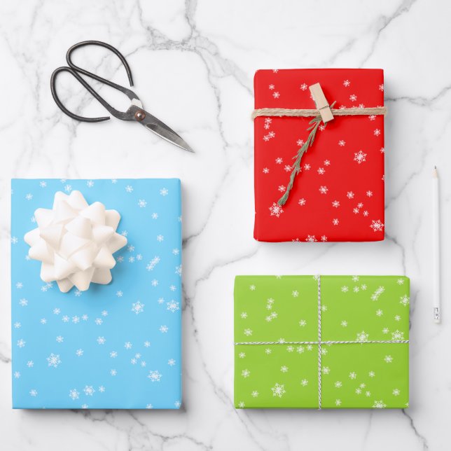 Bright Blue, Green and Red Winter Snowflakes Wrapping Paper Sheet (Front)