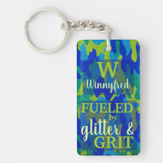 Bright Blue & Green Camouflage Glitter Camo Name Keychain