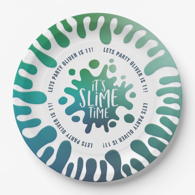 Bright blue + green rainbow slime party paper plate (Front)