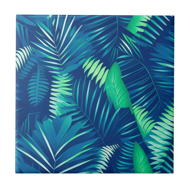 Bright Blue Green Tropical Leaves Pattern Tile (Front)