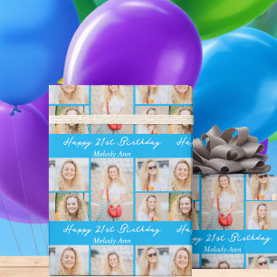 Bright Blue Happy Birthday Photo Collage Wrapping Paper