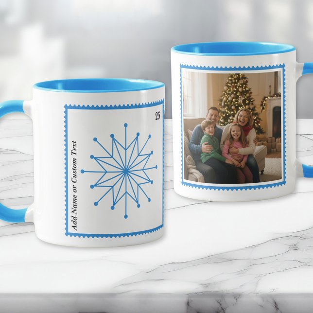 Bright Blue Holiday Snowflake Photo Mug  (A bright blue geometric snowflake in a postage stamp border. Add your photo in a postage stamp frame)