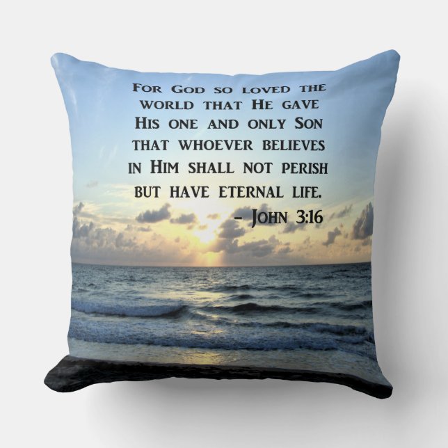 BRIGHT BLUE JOHN 3:16 OCEAN PHOTO DESIGN THROW PILLOW (Front)