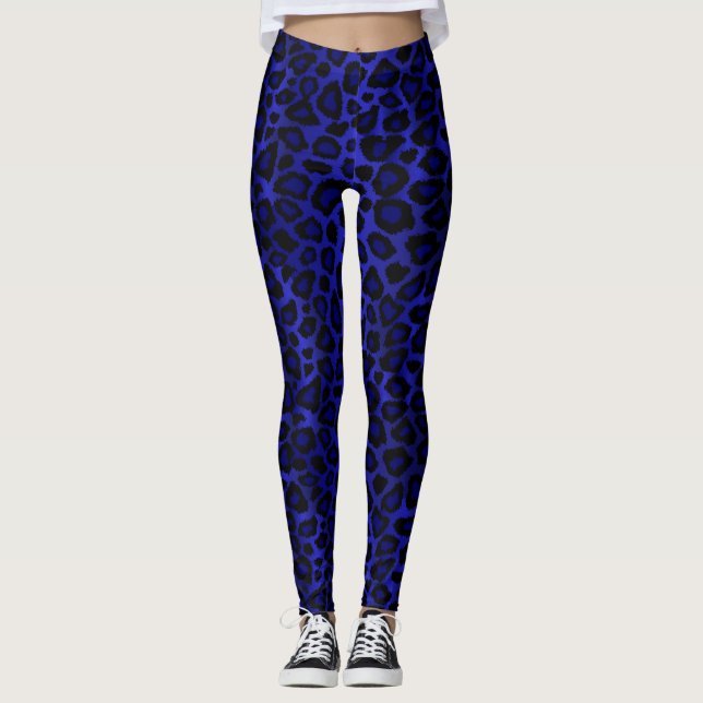 Bright Blue Leopard Animal Skin Print Leggings (Front)