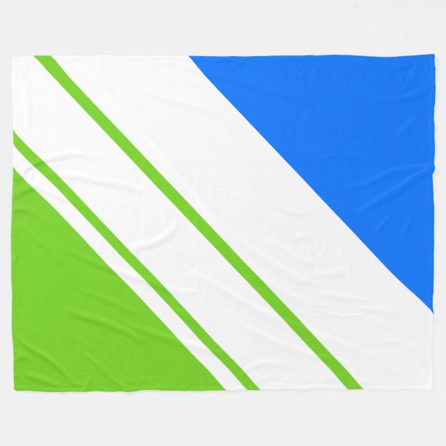 Bright Blue Lime Green Wide White Racing Stripes Fleece Blanket (Front (Horizontal))