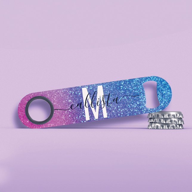 Bright Blue Magenta Sparkly Glitter Ombre Monogram Bar Key (Creator Uploaded)
