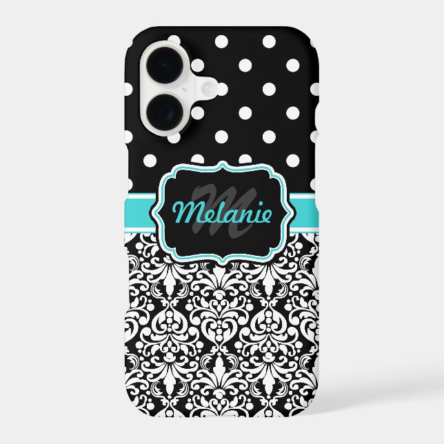 Bright Blue Monogrammed Damask Polka Dots Pattern (Back)