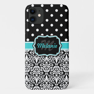 Bright Blue Monogrammed Damask Polka Dots Pattern iPhone 11 Case