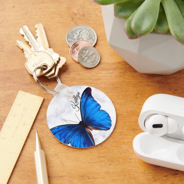 Bright Blue Morpho Butterfly Personalized Keychain (Desk)