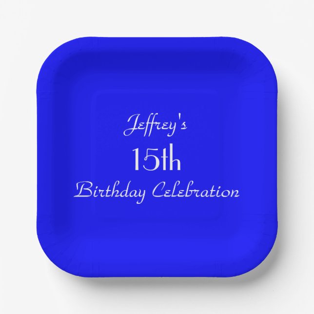 Bright Blue, Name, 15th Birthday Party Square Paper Plate (Front)