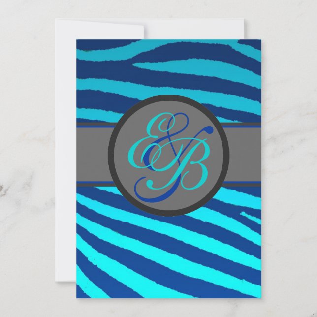 Bright blue neon zebra stripes wedding invitations (Front)