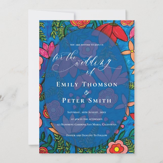 Bright Blue Orange Hand Drawn Floral Wedding Invitation (Front)