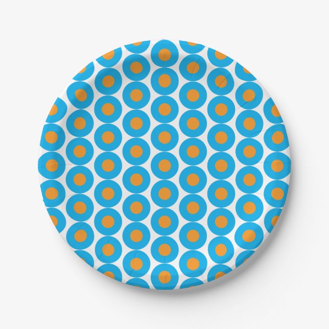 Bright Blue Orange Polka Dots Modern Funky Paper Plate (Front)