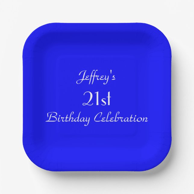 Bright Blue Paper Plates, 21st Birthday Party Paper Plate (Front)