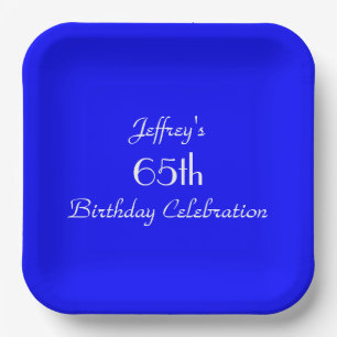 Bright Blue Paper Plates, 65th Birthday Party Plate