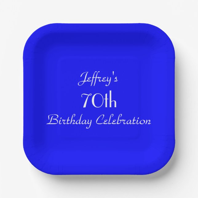 Bright Blue Paper Plates, 70th Birthday Party Plate (Front)